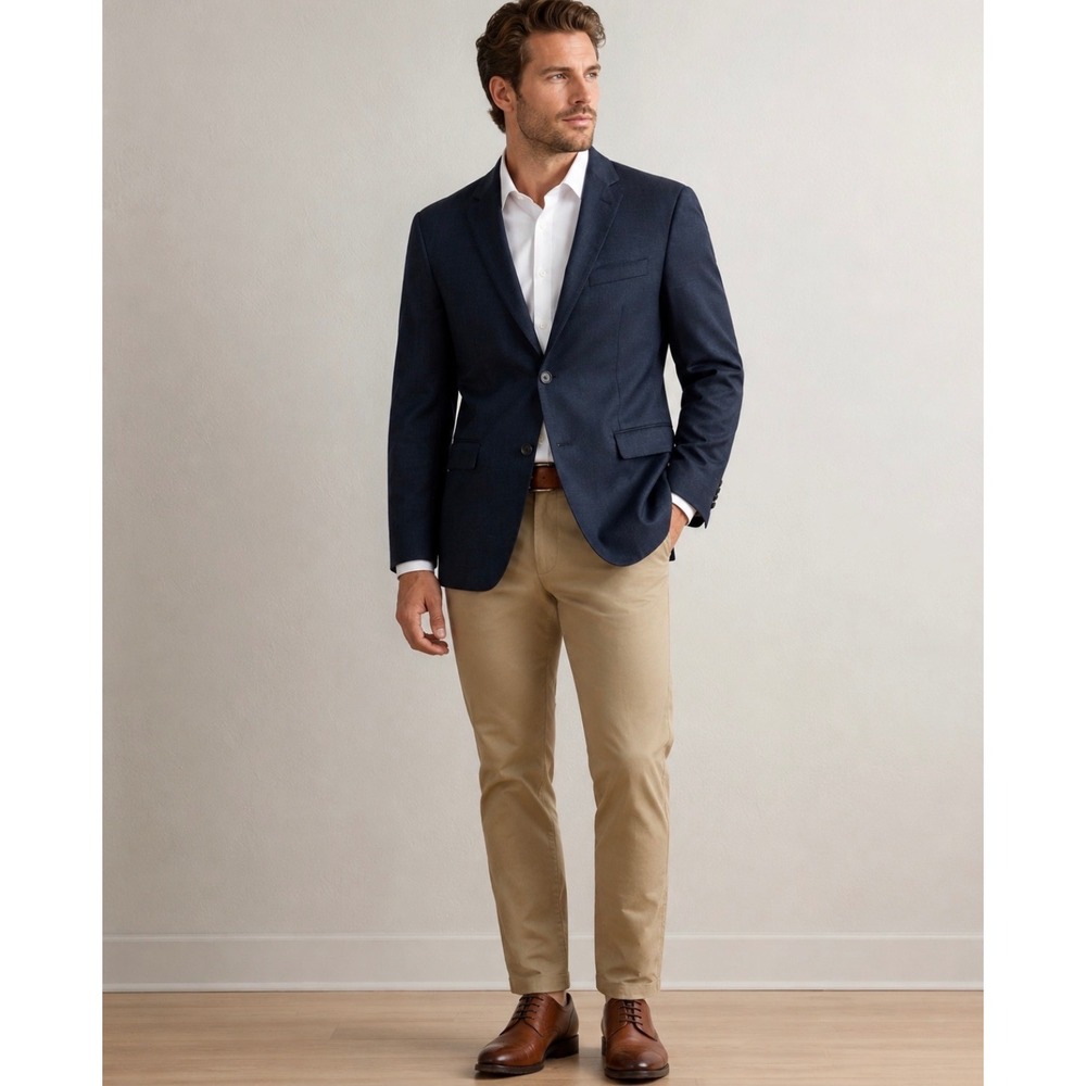 Lauren Ralph Lauren Mens 44S Navy Blue Windowpane 100% Wool  Blazer Jacket